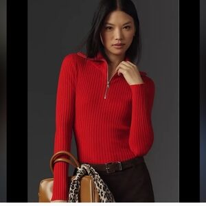 Maeve Anthropologie Red Quarter Zip Funnel Neck Ribbed Sweater Size L Large